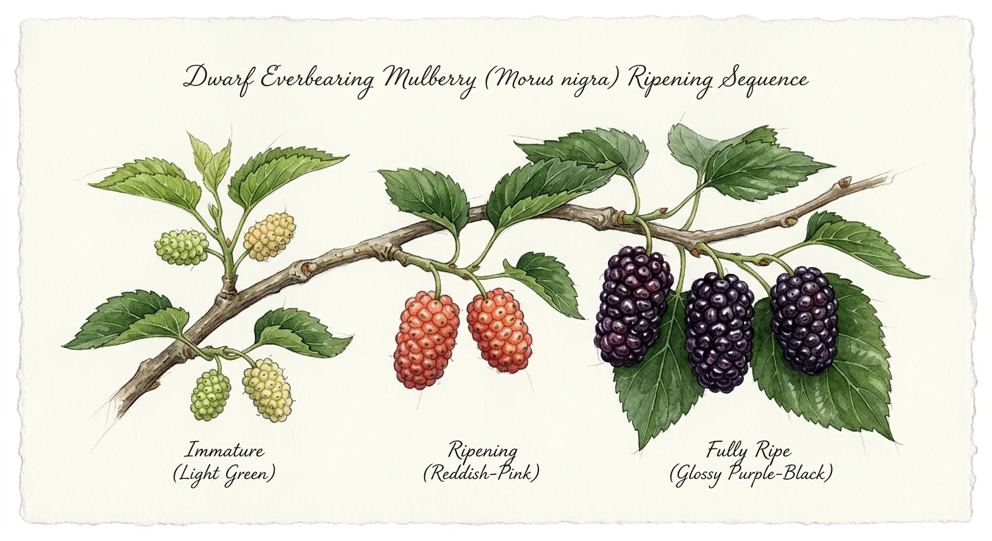 Botanical watercolor showing a mulberry branch with berries in green, red, and dark purple ripening stages.