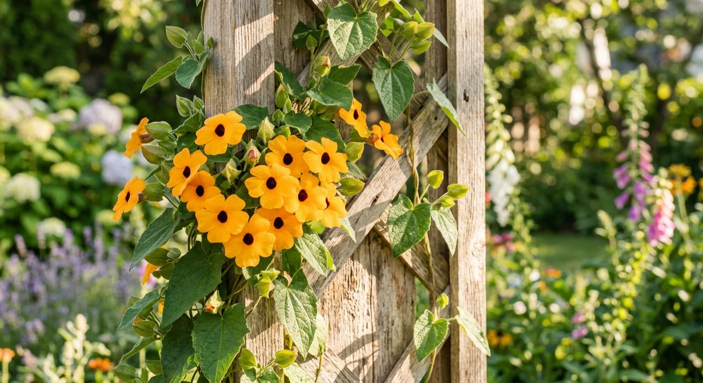 Bright orange-yellow Black-Eyed Susan flowers with dark brown centers climbing a wooden garden lattice.