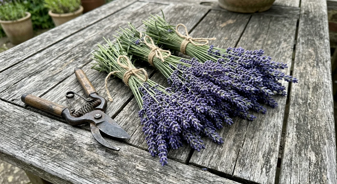 Bundles of harvested lavender and pruning shears lying on a rustic wooden table.
