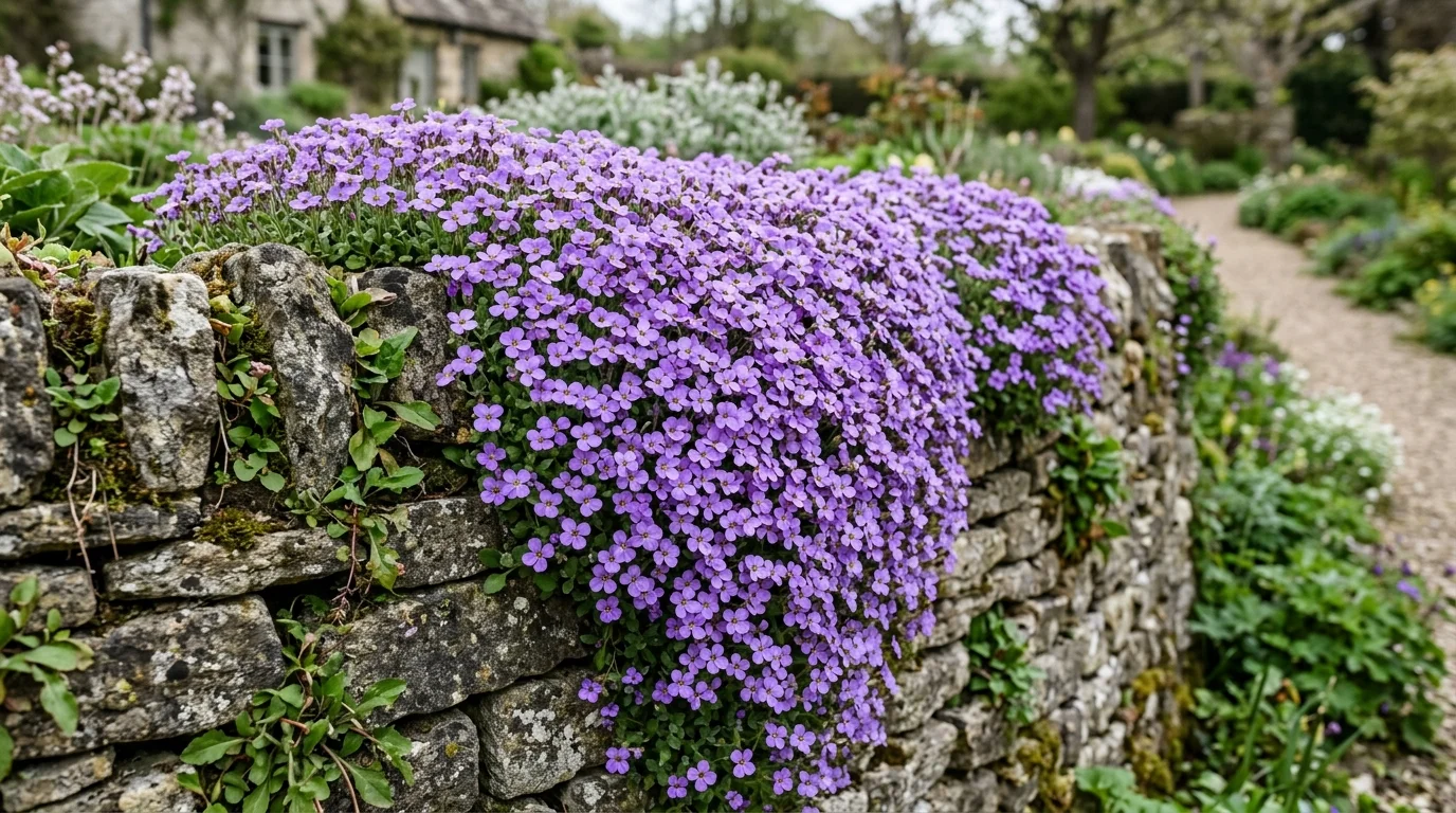 Vibrant purple rock cress flowers cascading over a rustic dry stone wall in a garden along a gravel path.