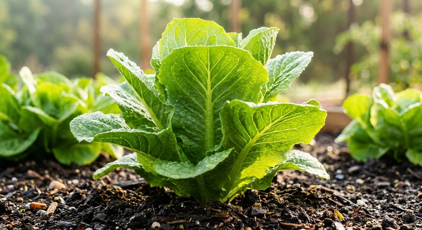 Fresh green romaine lettuce head with morning water droplets growing in dark garden soil outdoors.