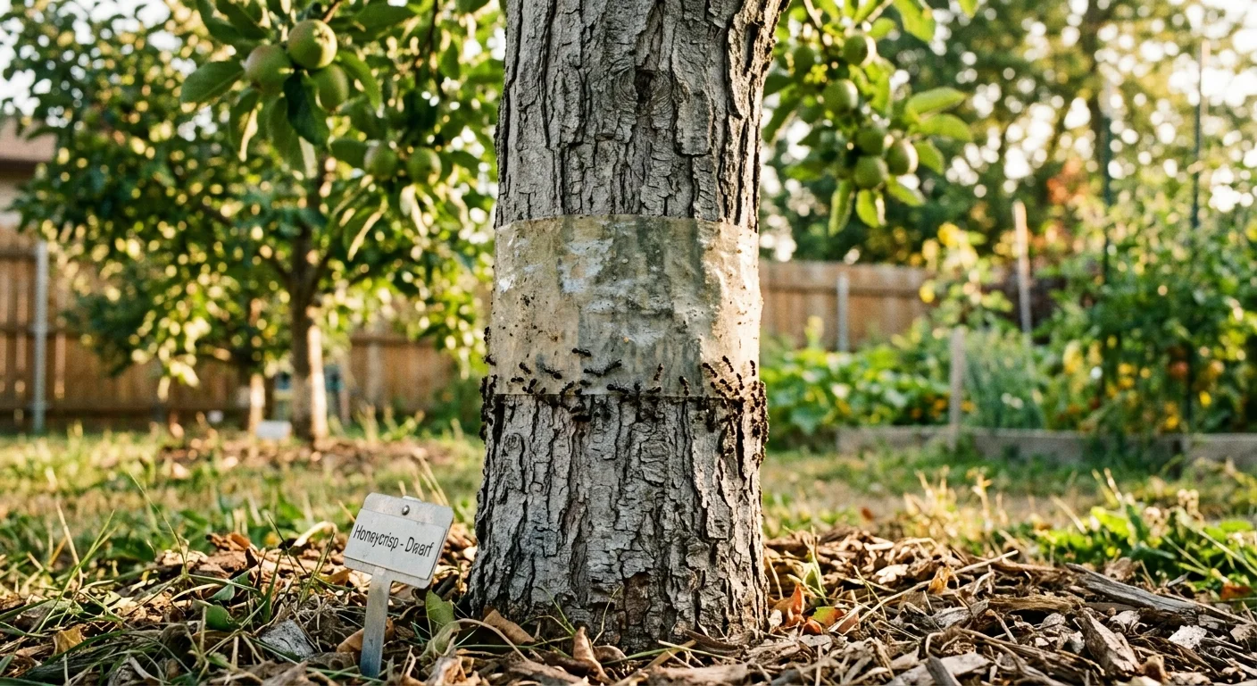 Sticky barrier band wrapped around a dwarf apple tree trunk trapping ants in an orchard garden.
