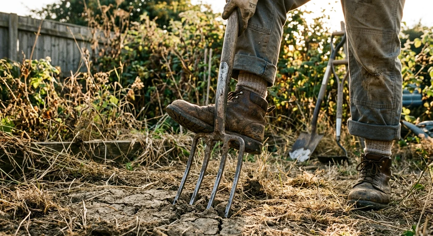 Close-up of a gardener stepping on a steel spade stuck in dry, hard soil, shot on 35mm film.