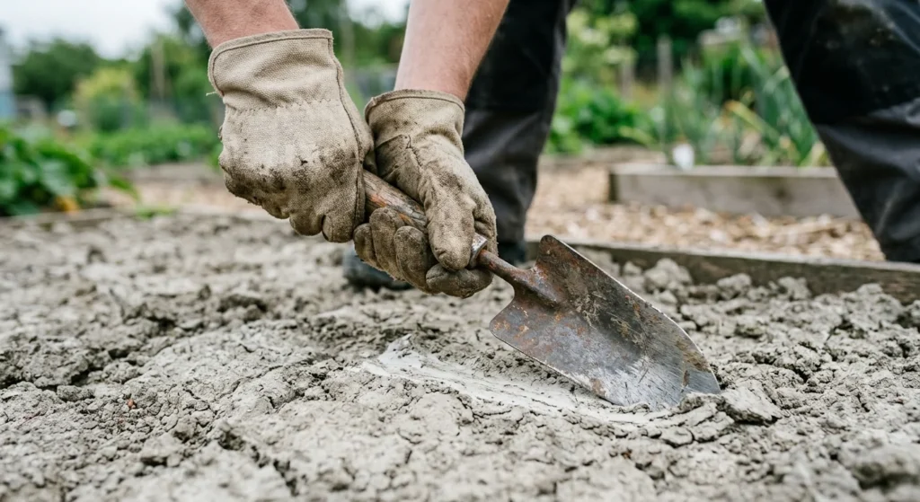 Close-up of a gardener's hands in canvas gloves attempting to dig a trowel into hard, dry clay soil.