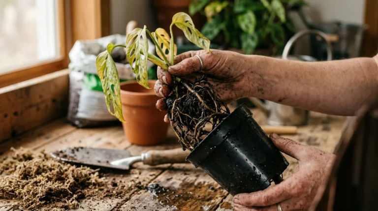 Close-up of a gardener's hands inspecting the soggy root system of a waterlogged houseplant over a wooden table.