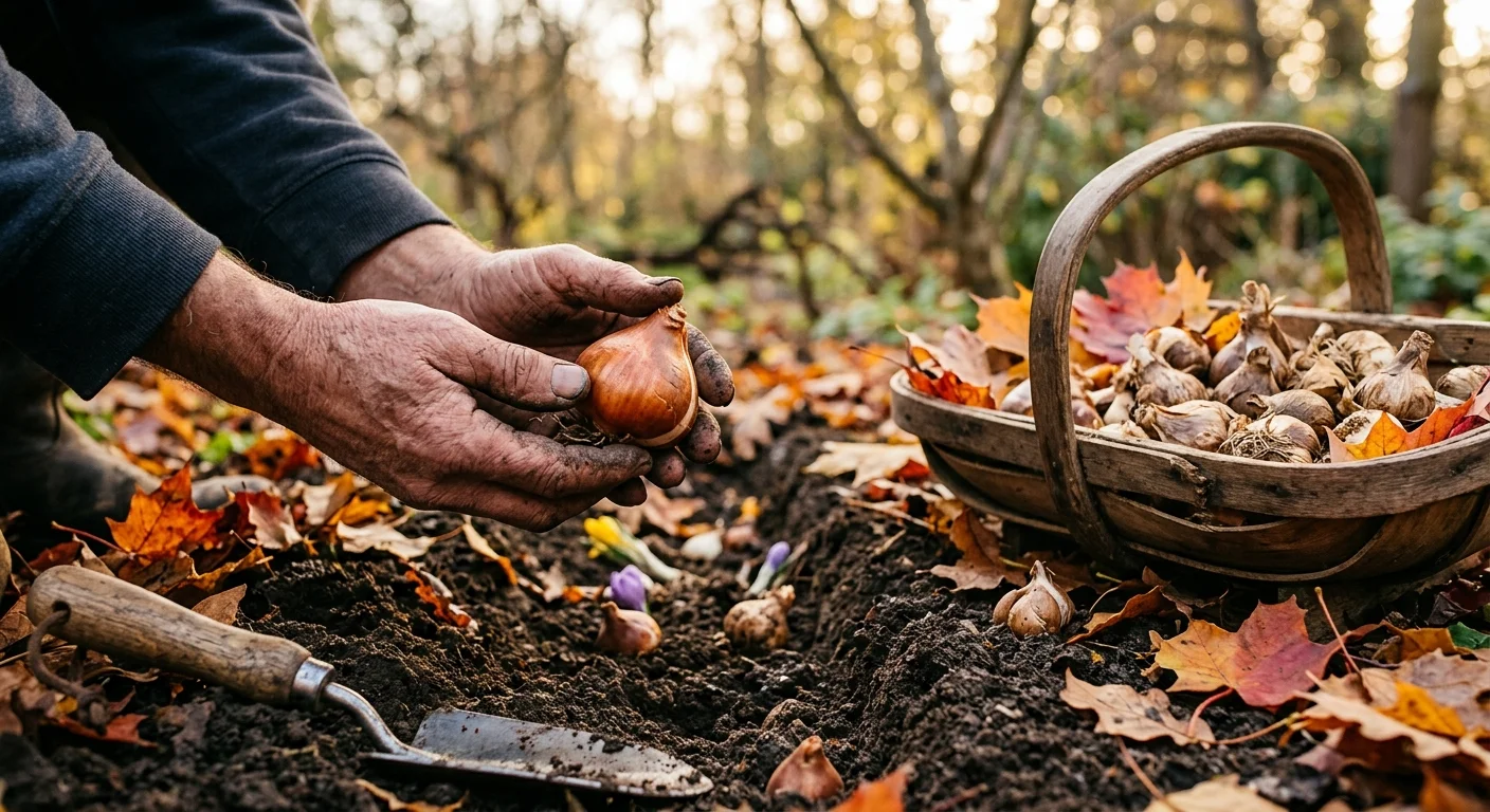 Close-up of a gardener's soil-dusted hands holding a tulip bulb over a planting trench in autumn soil with fallen leaves.