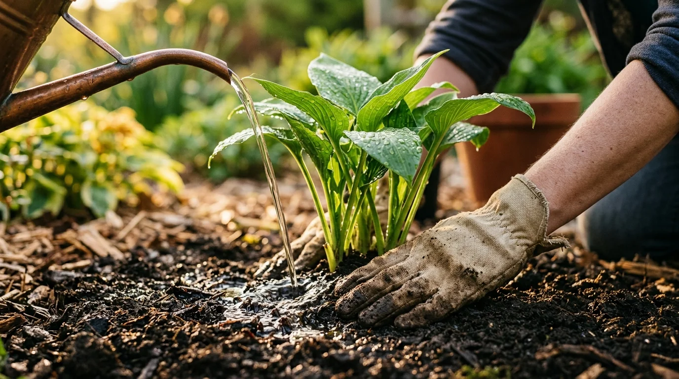 Close-up of a gloved hand firming soil around a new division as water pours from a copper can onto the roots.