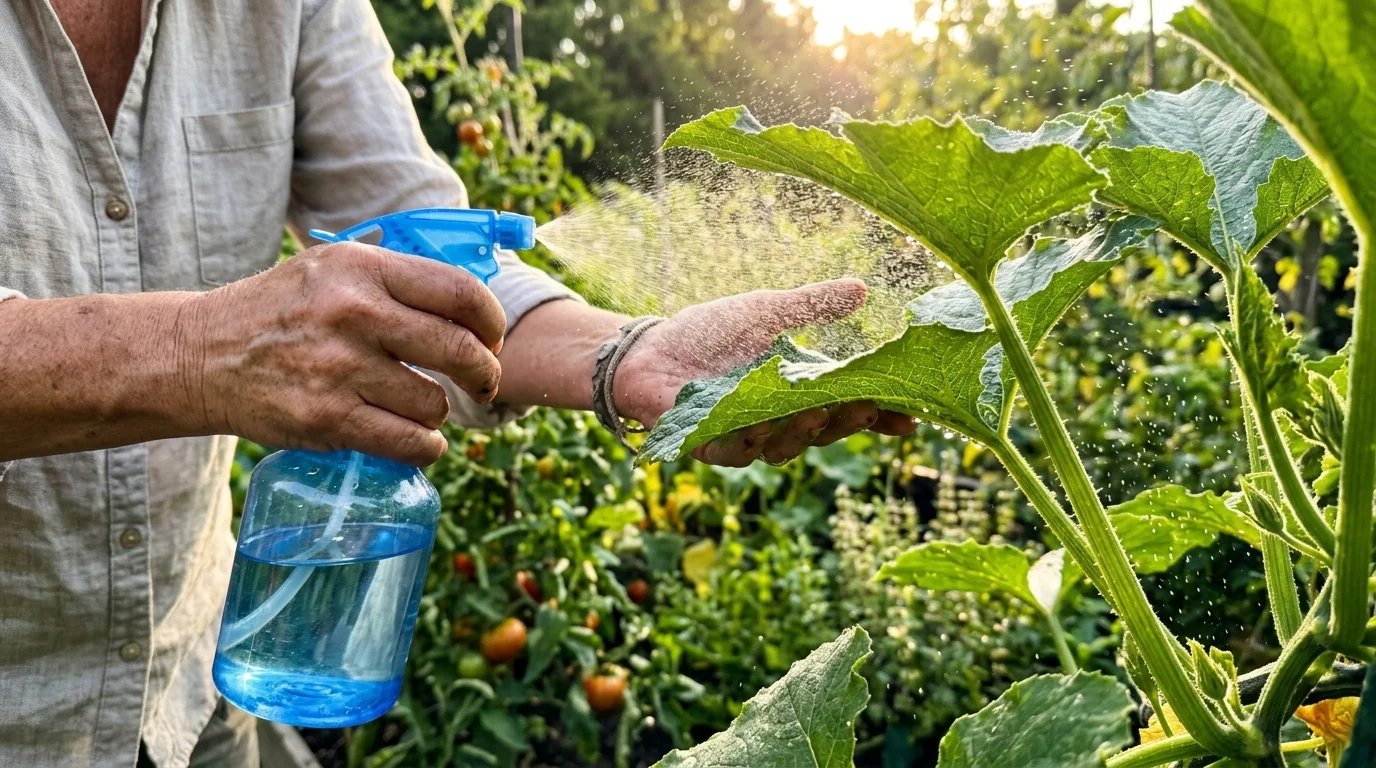 Close-up of a hand misting the undersides of green squash leaves with a spray bottle in the morning sun.