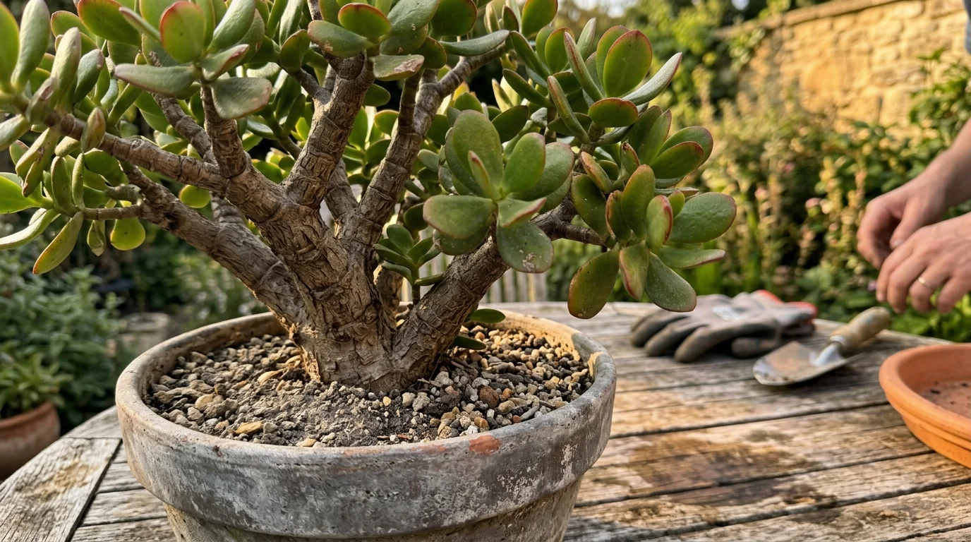 Close-up of a mature jade plant with a thick trunk in a tight, shallow clay pot.