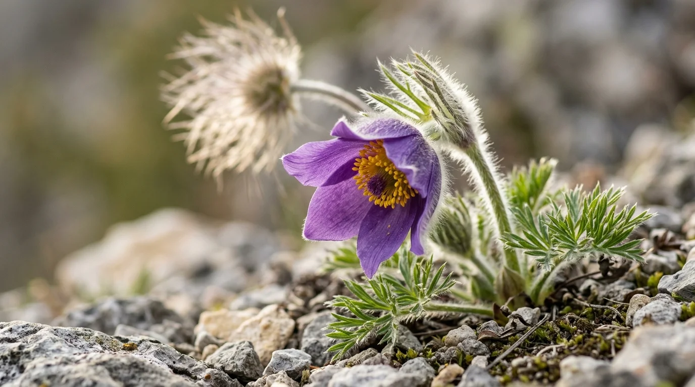 A purple pasque flower with a yellow center and fuzzy stems blooms alongside a feathery seed head on rocky ground.