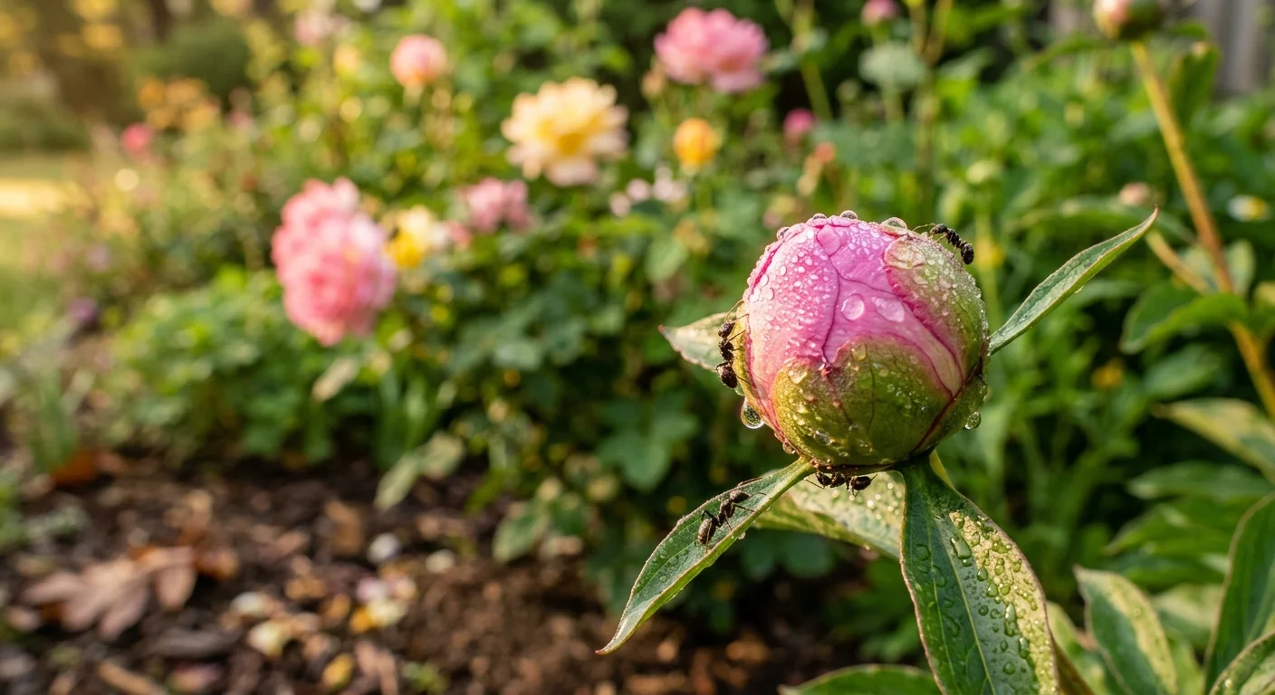 Ants crawl across a wet, closed pink flower bud covered in water droplets in a garden.