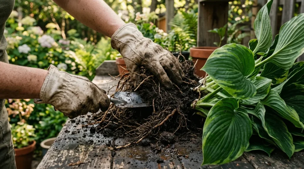 Close-up of gloved hands dividing a healthy hosta root clump on a rustic wooden bench with rich dark soil.