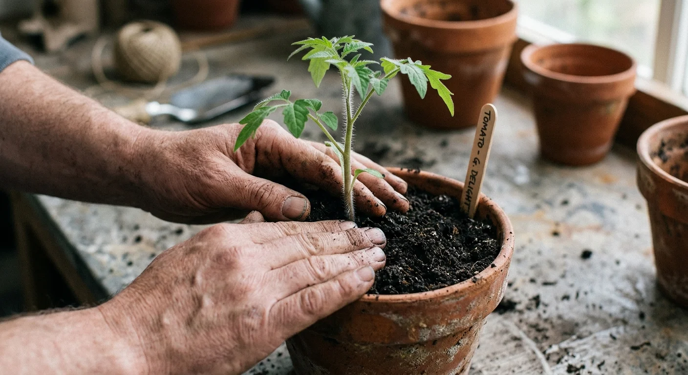 Close-up of hands gently planting a delicate tomato seedling deep into a small terracotta pot filled with rich soil.