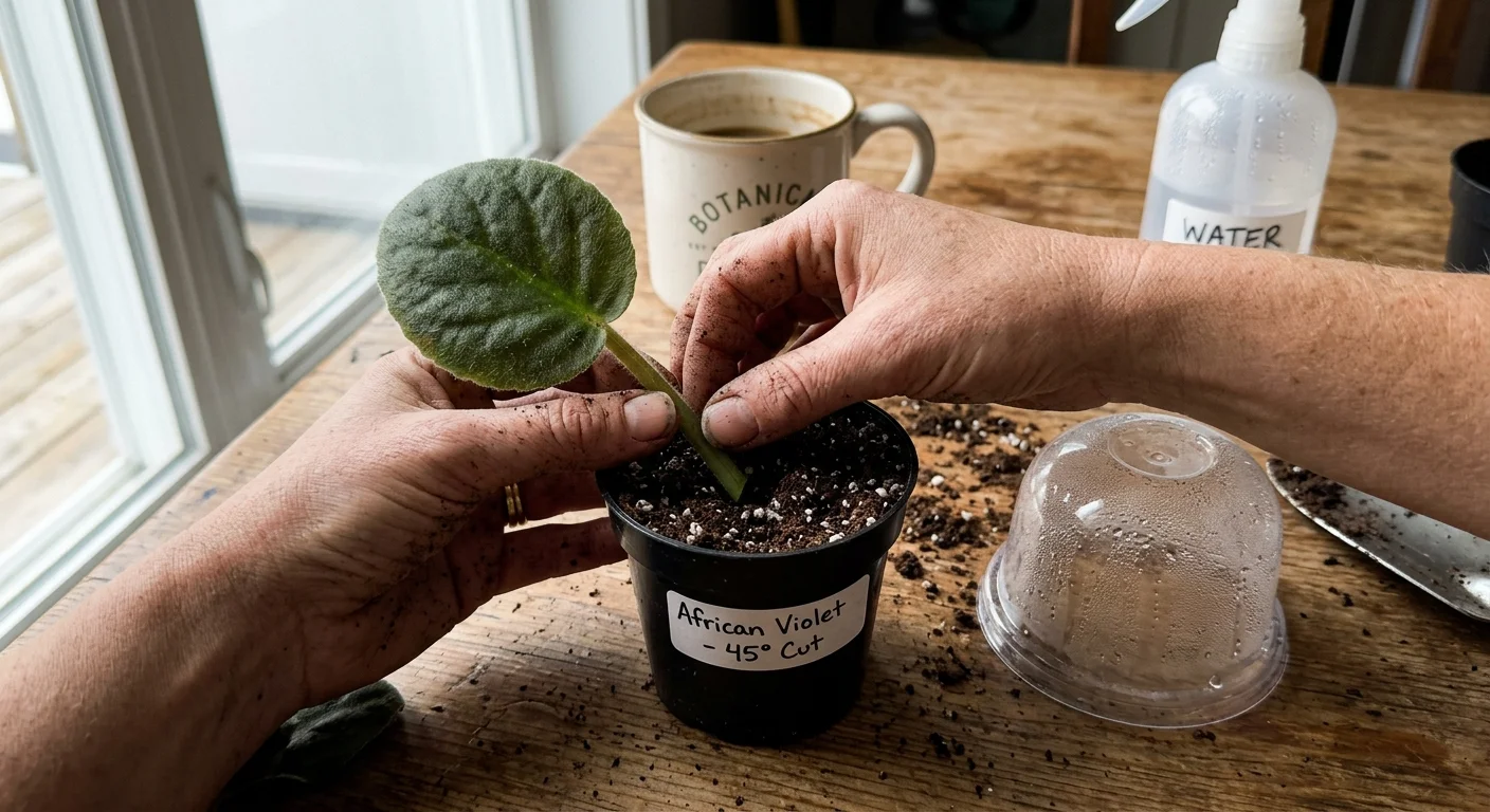 Close-up of hands planting a fuzzy African violet leaf cut at an angle into a small plastic pot of soil.