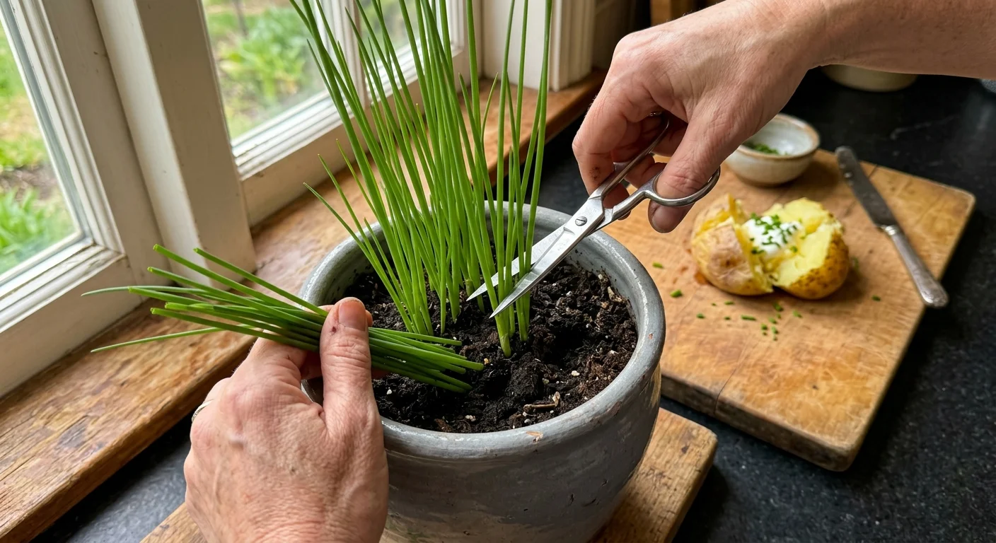 Close-up of hands using kitchen scissors to harvest fresh chives in a kitchen setting.