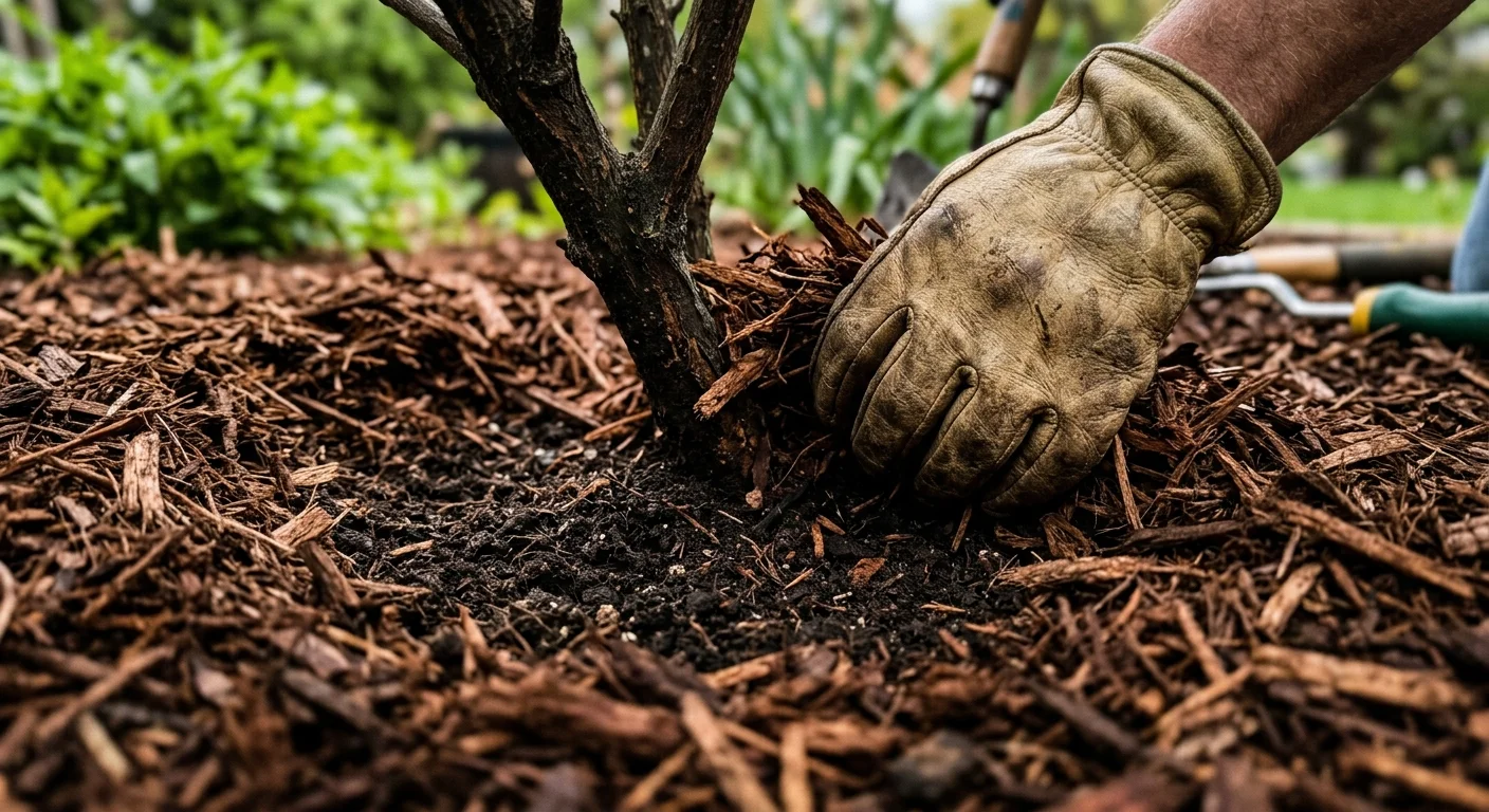 A gloved hand spreading shredded wood mulch around the base of a small tree trunk in a garden bed.