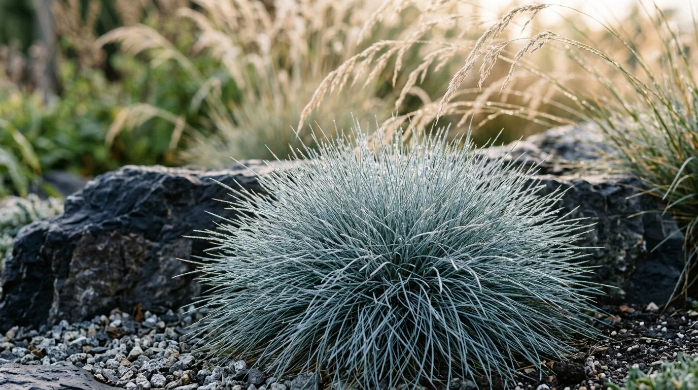 A spiky, rounded clump of blue fescue grass grows among dark rocks and gravel in a sunlit garden bed.