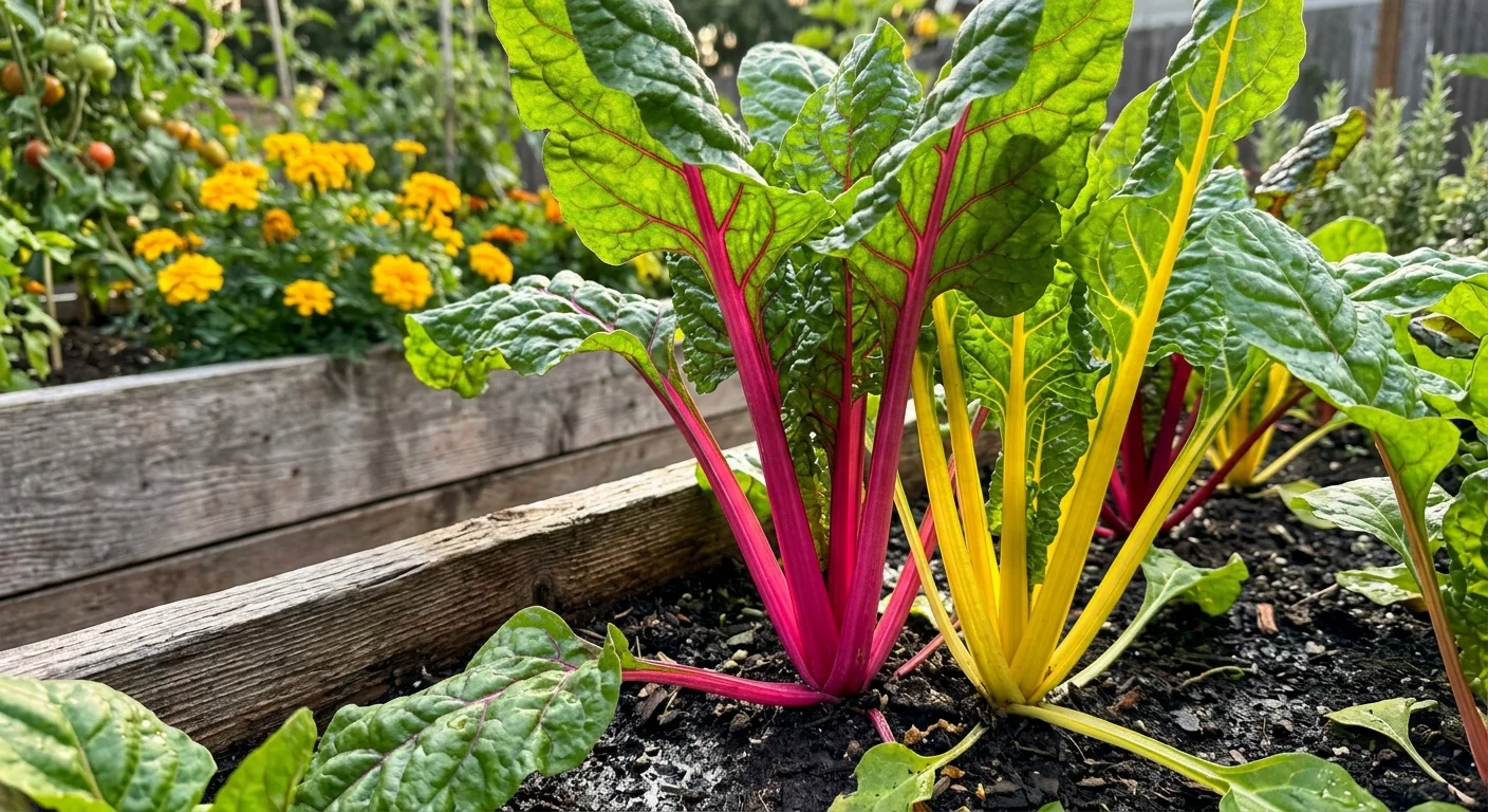 Close-up of vibrant rainbow chard with bright magenta and yellow stalks growing in a sunny raised garden bed.