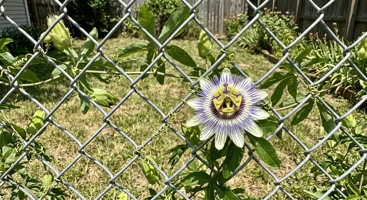 Close-up photograph of an exotic purple and white passionflower climbing a silver chain-link fence with coiled green tendrils.