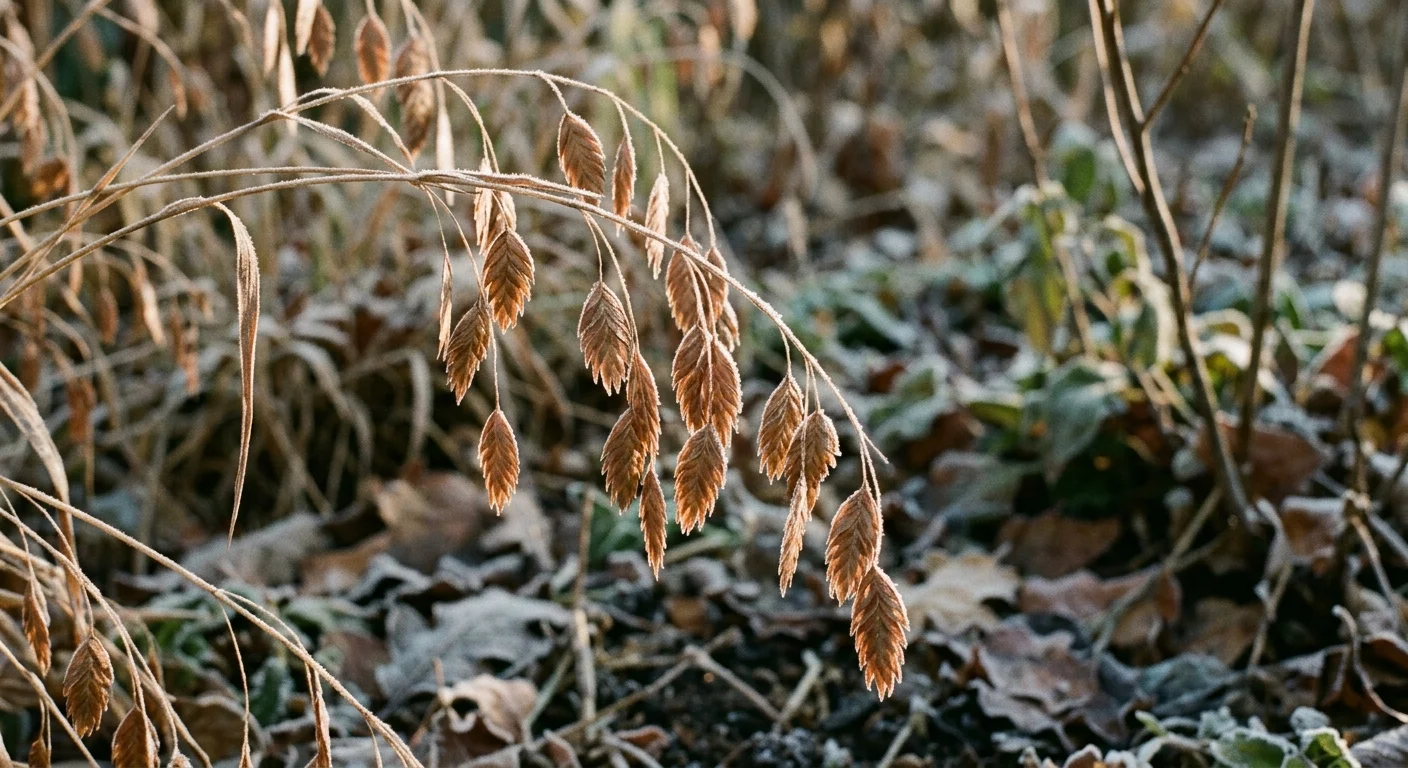 Close-up photograph of frost-covered, dangling copper-colored seedheads of Northern Sea Oats.