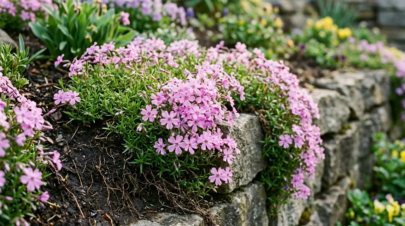 Close-up photograph of pink and lavender creeping phlox flowers blooming over a stone retaining wall in soft spring light.