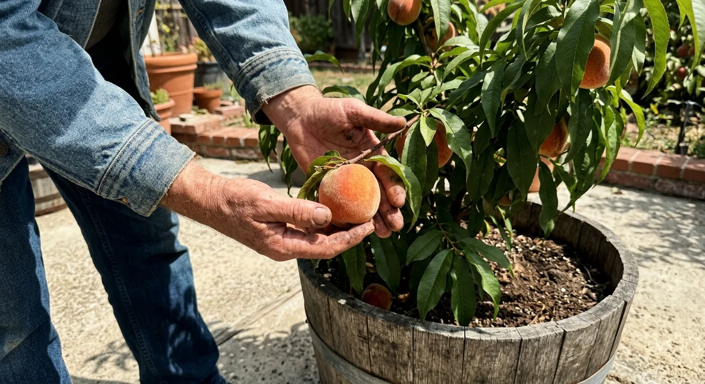 Close-up snapshot of hands picking a ripe, fuzzy peach from a compact dwarf peach tree in a wooden barrel on a sunny patio.