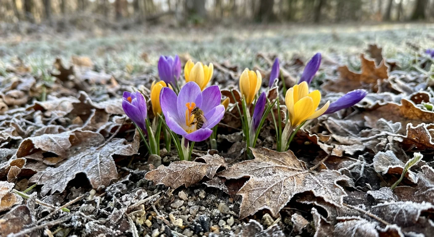 Close-up snapshot of purple and yellow crocuses emerging from frosty ground with a pollinating bee.