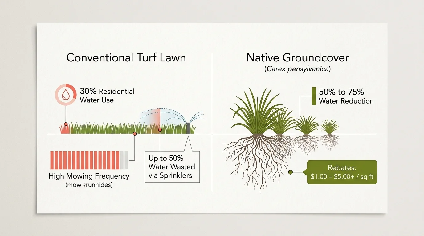Comparison diagram showing conventional turf water waste versus native groundcovers saving 50 to 75 percent water with rebate savings.