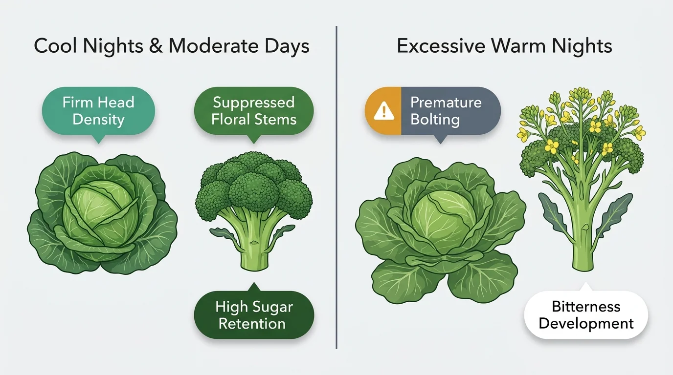 Diagram comparing dense cabbage and broccoli grown in cool nights to loose cabbage and flowering broccoli from warm nights.