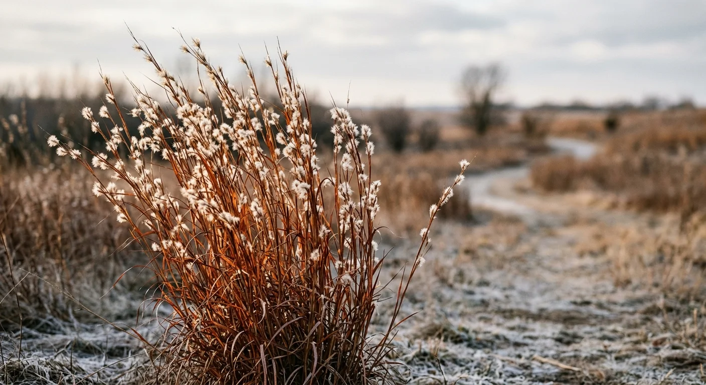 Coppery-red clumps of Little Bluestem grass with fluffy white seeds in a winter field.