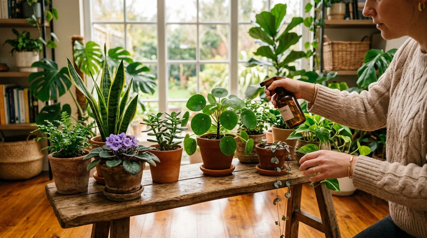 Cozy sunlit room with an array of healthy, snugly potted indoor plants on a wooden bench.