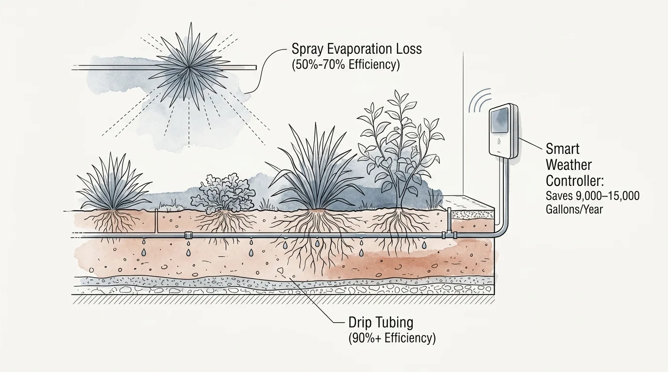Diagram comparing spray evaporation loss with 90%+ efficient drip tubing and a smart weather controller.