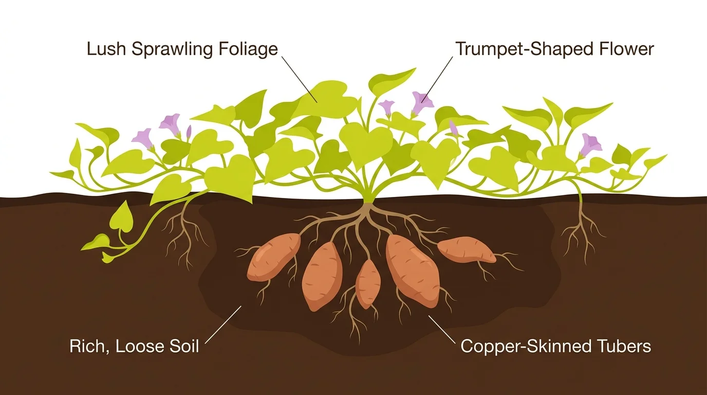 Cross-section diagram of sweet potatoes showing green vines above ground and copper tubers in the soil below.