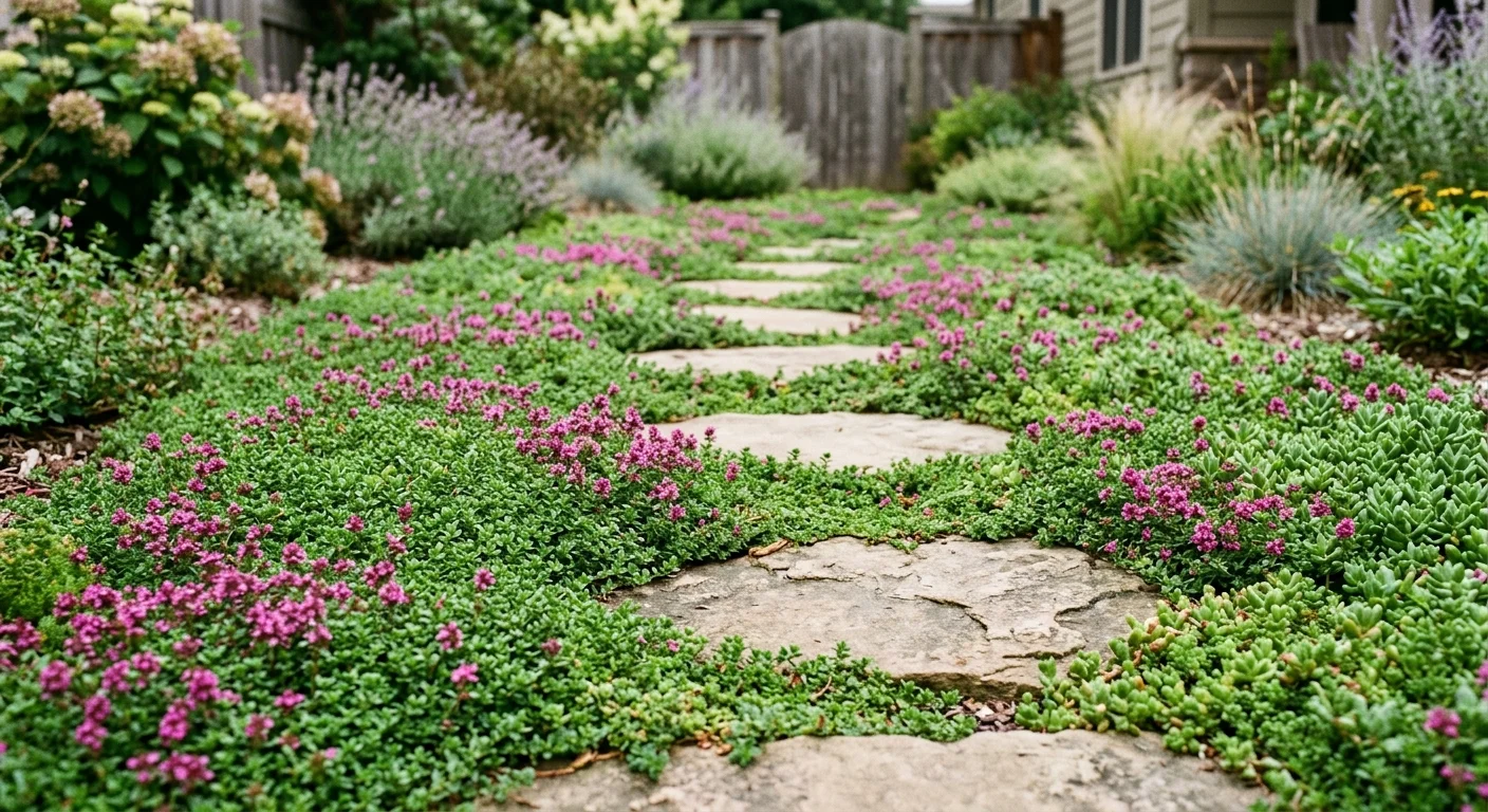 Stone pathway surrounded by dense green creeping thyme with small purple flowers in a garden.