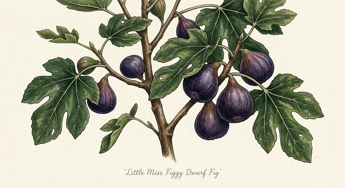 Detailed botanical watercolor illustration of dark purple dwarf figs and large lobed green leaves on a cream background.