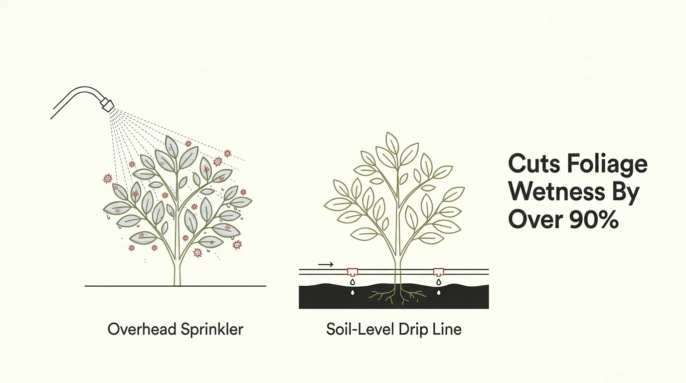 Diagram comparing overhead watering which wets foliage to soil-level drip irrigation which cuts leaf wetness by over 90%.