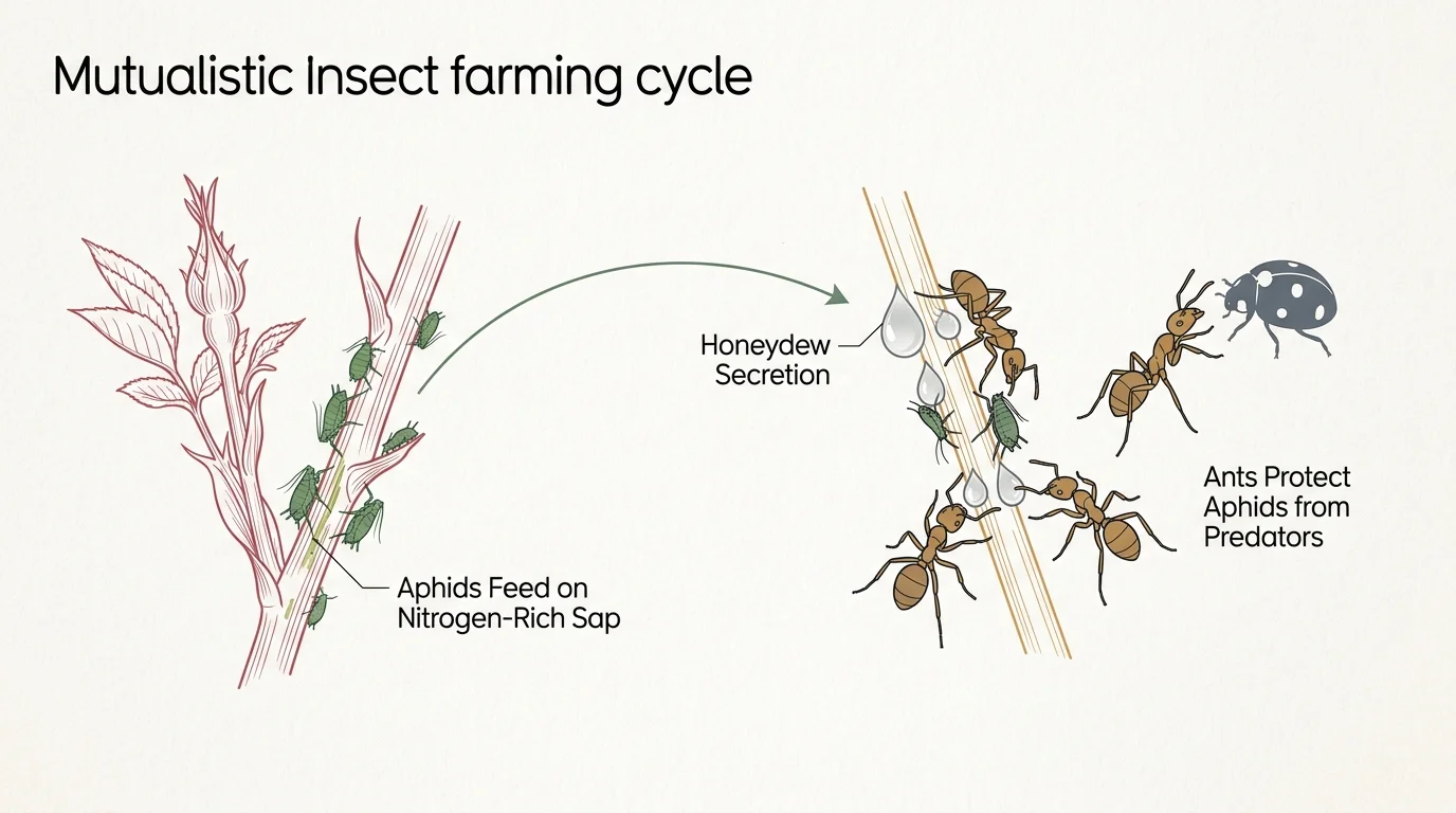 Diagram of insect farming cycle with aphids on rose stems, honeydew secretion, ants, and a ladybug.