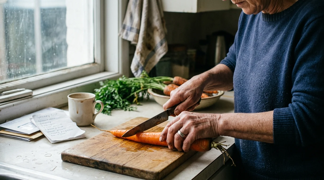 A person chopping a whole fresh carrot on a wooden cutting board on a kitchen counter near a window.