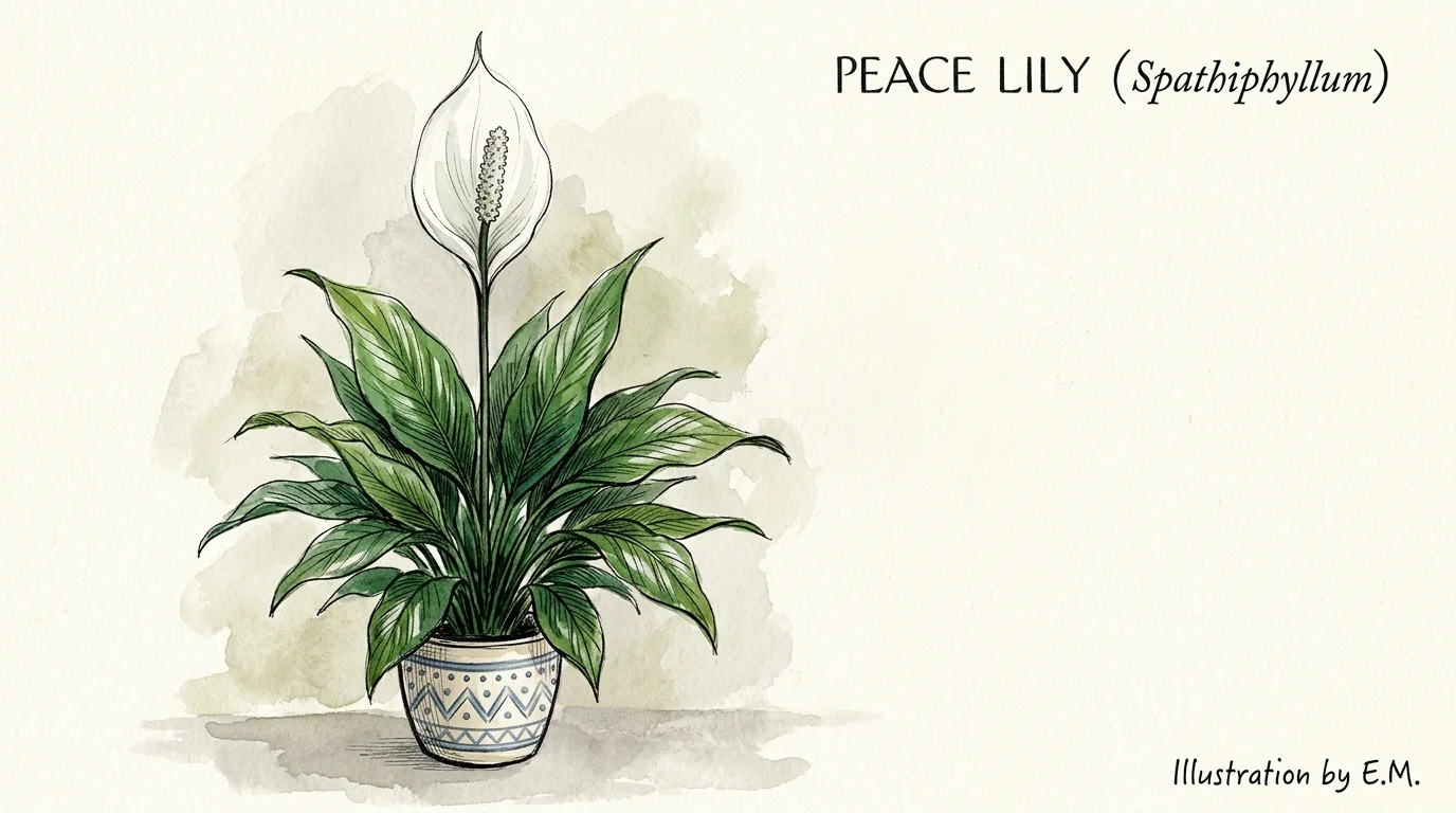 Elegant watercolor and ink illustration of a blooming peace lily in a small, snug ceramic pot.