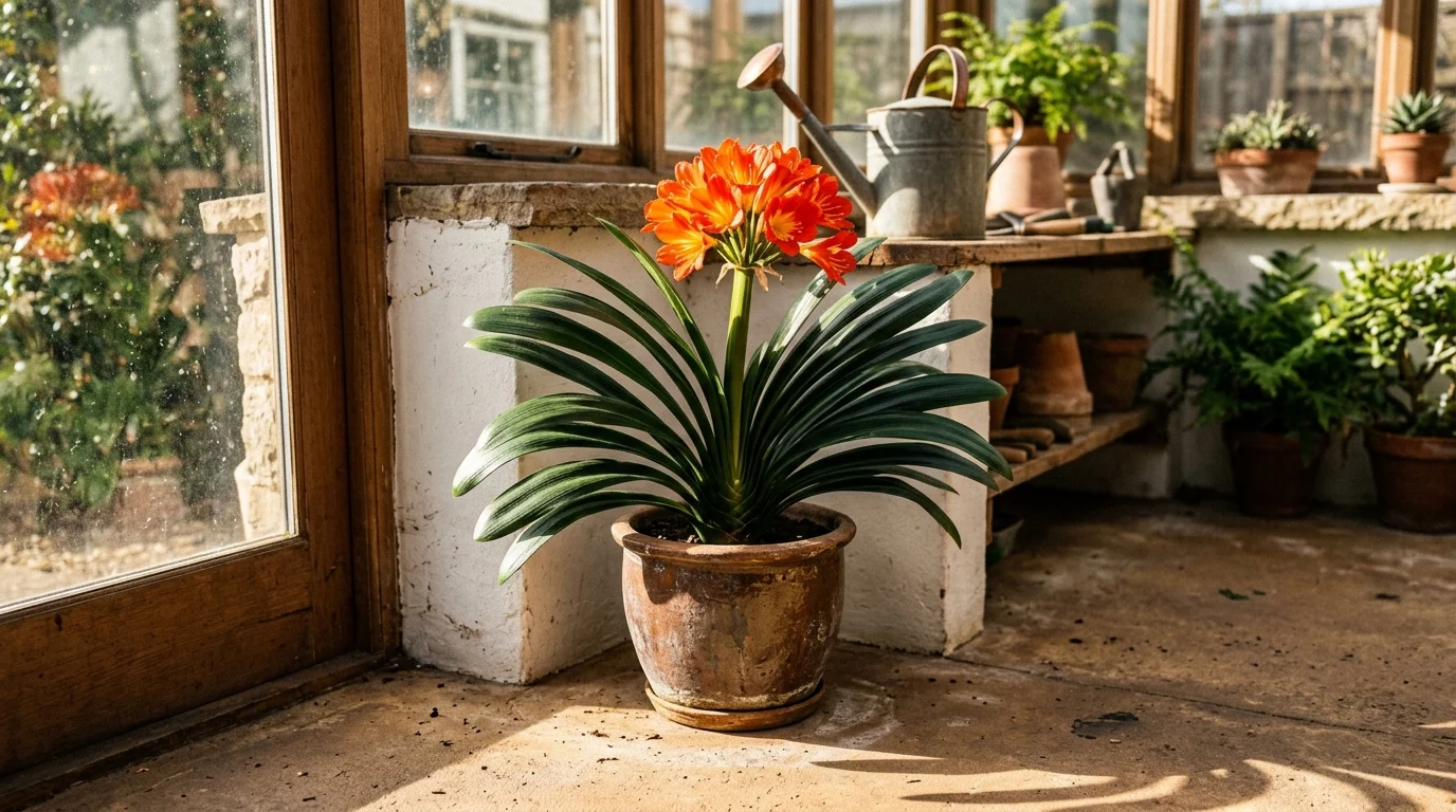 Fiery orange Clivia flowers in a snug ceramic pot sitting in a sunlit room.