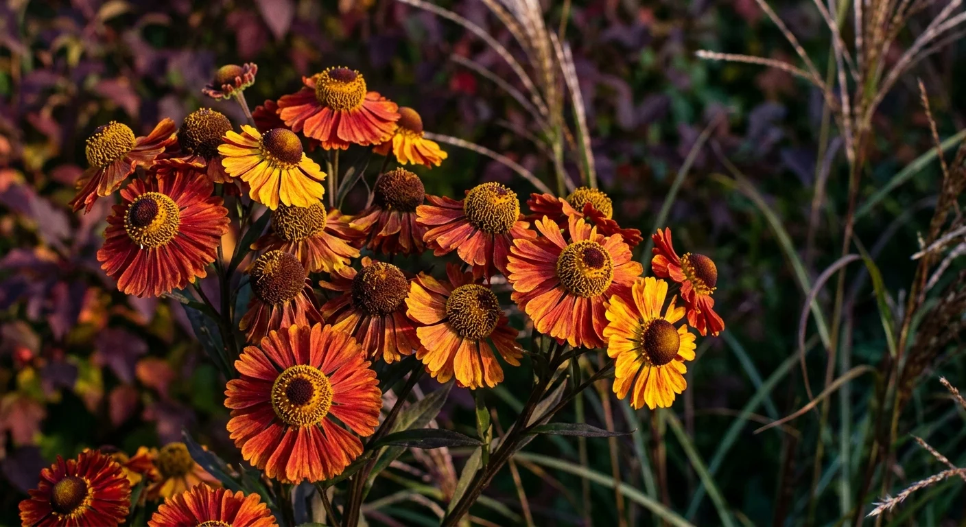 Cluster of orange, red, and yellow sneezeweed flowers with prominent center cones in a garden.