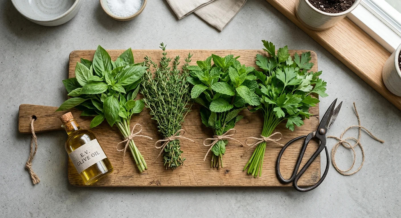 Flat-lay photograph of freshly harvested herbs tied in twine next to kitchen shears on a concrete counter.