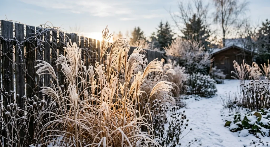 Frozen golden ornamental grasses backlit by winter morning sun in a snowy garden.