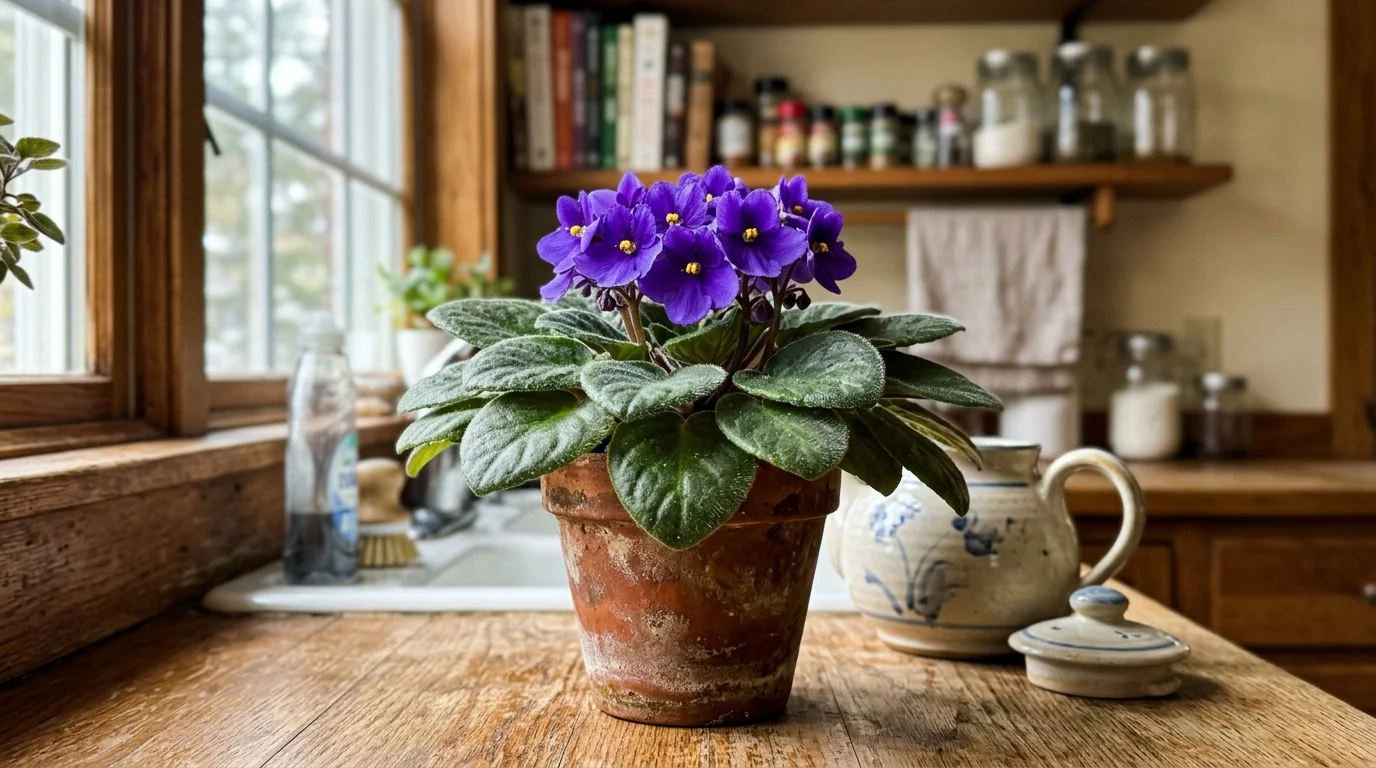 Fuzzy-leaved African violet with rich purple flowers in a tiny terracotta pot.