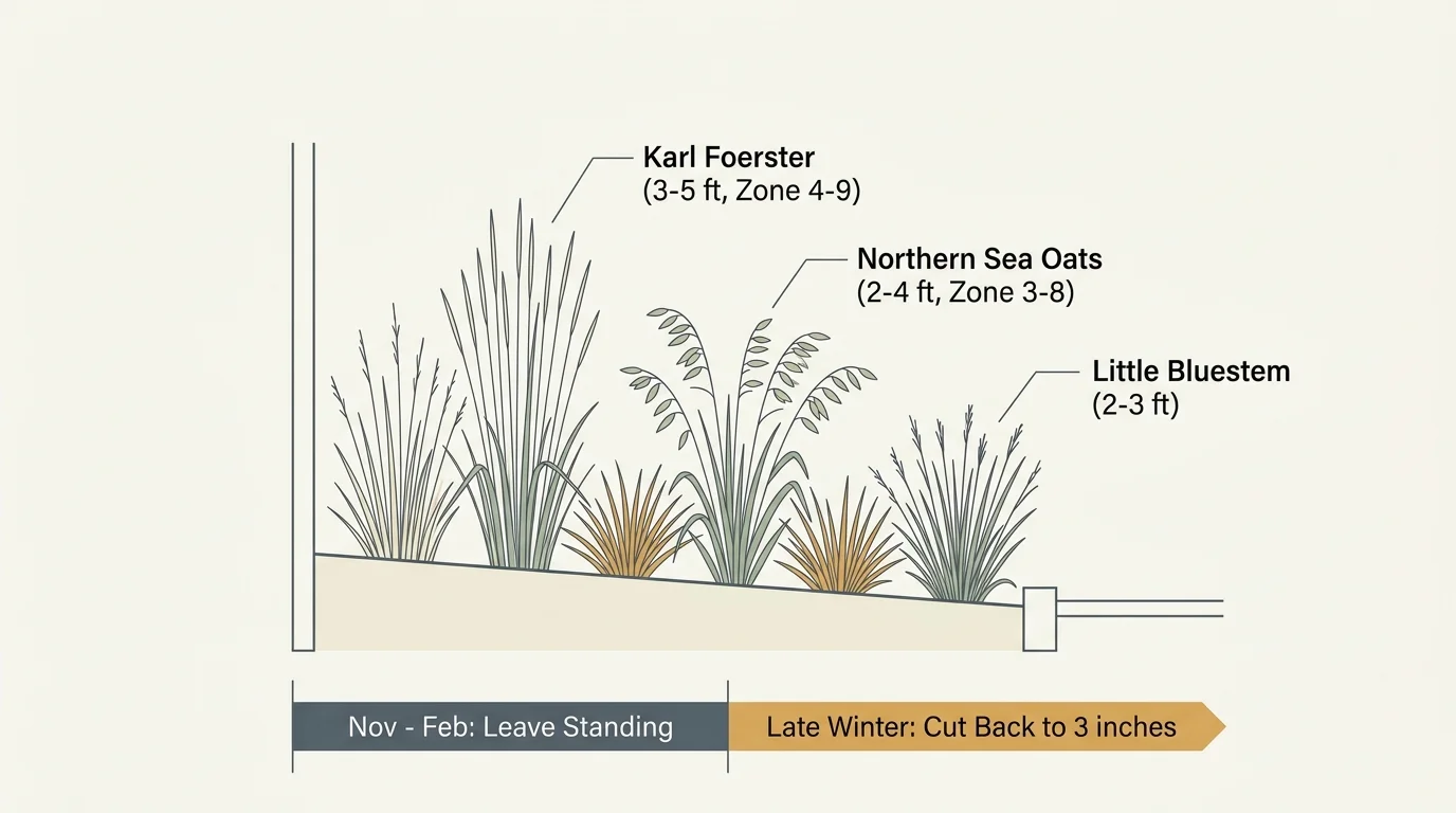 Garden design infographic showing height scales and winter care timeline for ornamental grasses.