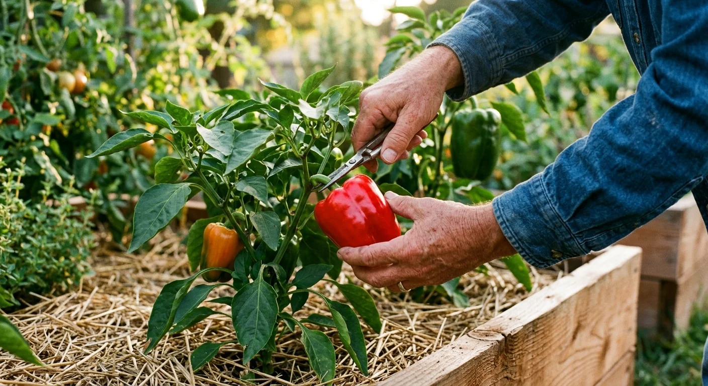 A person using shears to harvest a ripe red bell pepper from a plant in a raised garden bed.