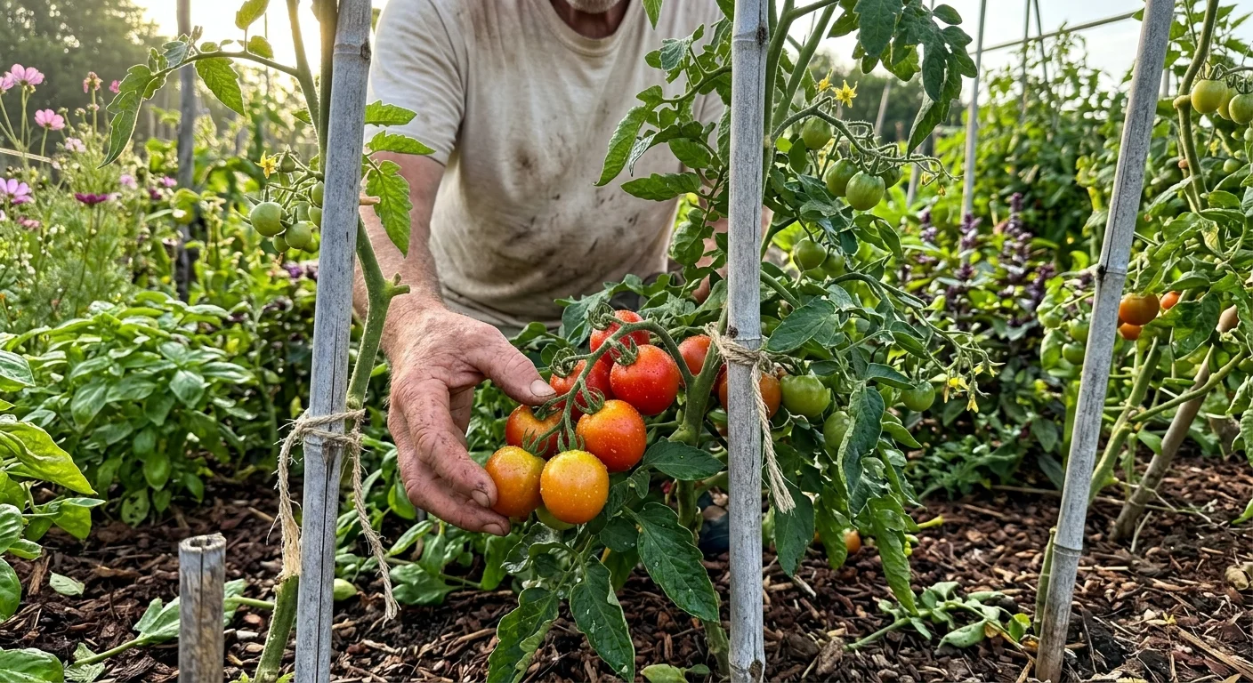 A gardener's hand holding a cluster of ripening red and orange tomatoes on a staked vine in a garden bed.