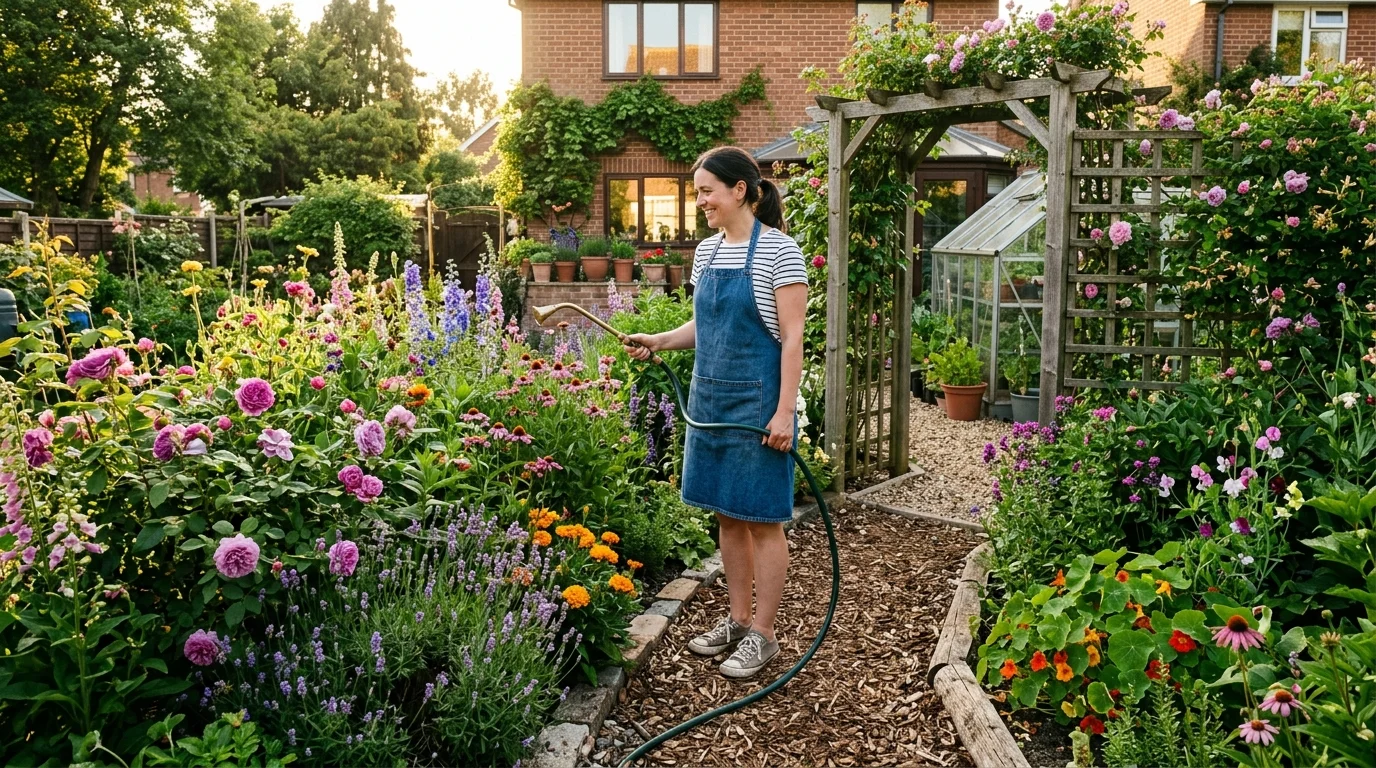 A woman in a denim apron waters colorful blooming flowerbeds along a mulch path near a garden trellis and greenhouse.