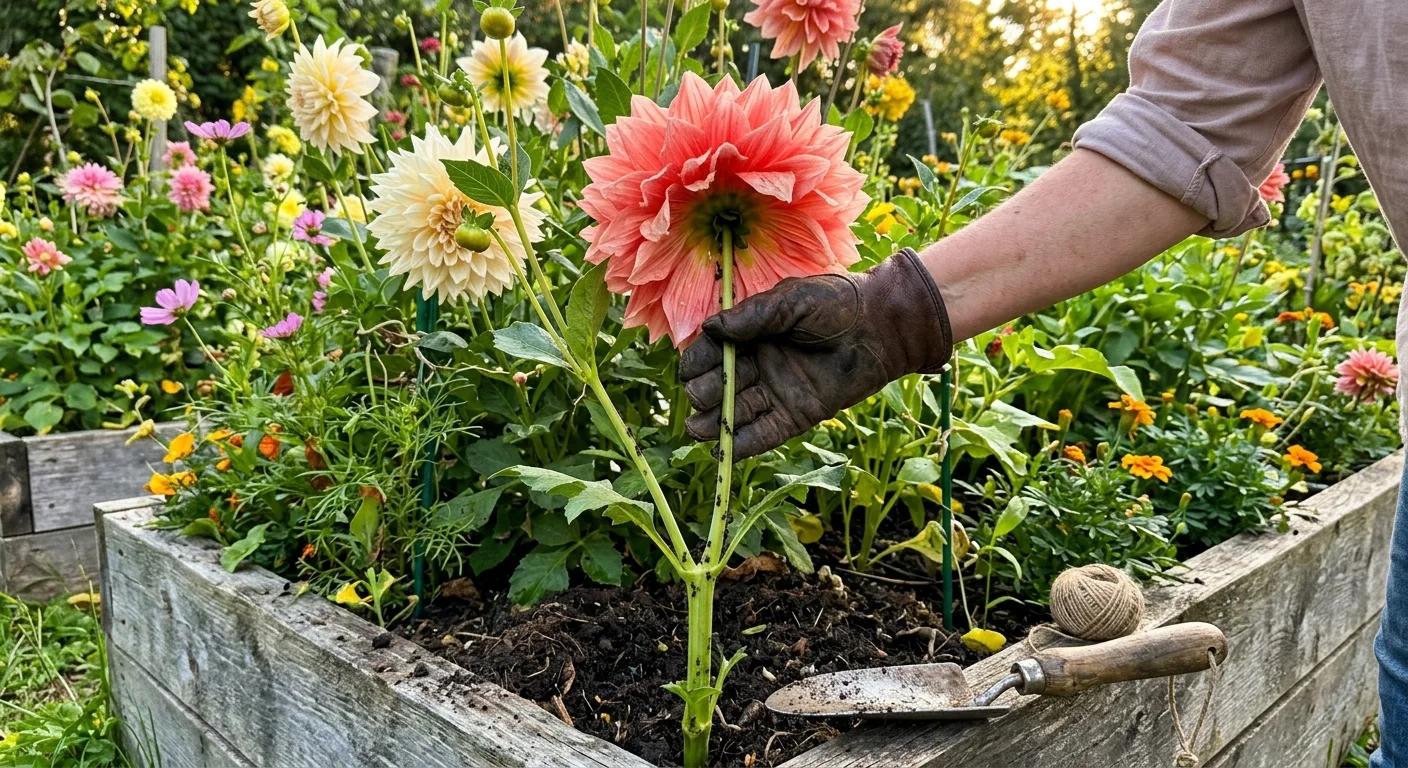 A gloved gardener holds up a coral dahlia stem covered with small black aphids in a wooden raised garden bed.