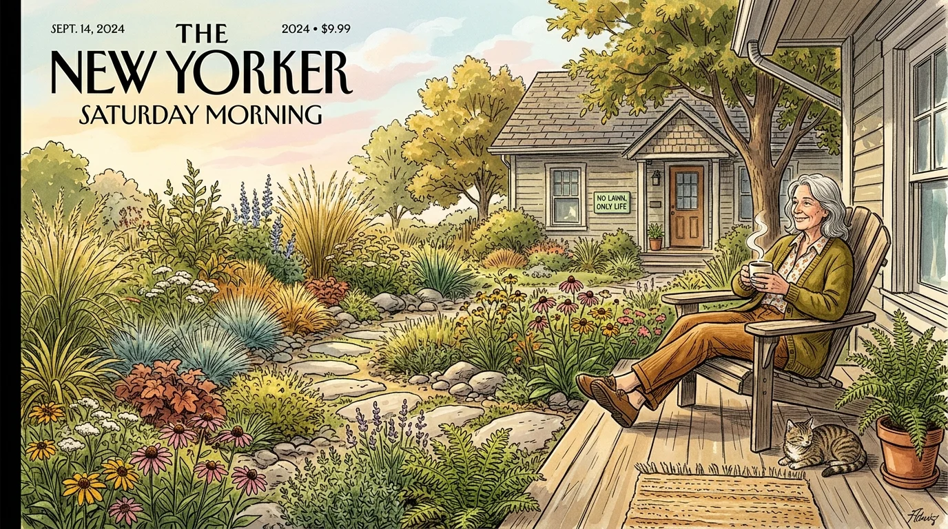 A woman relaxes on a wooden porch with a steaming mug, overlooking a lush flower garden with stone walkways.